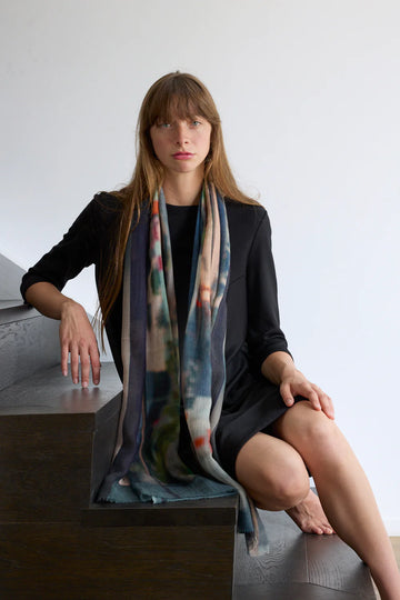 Wool Scarf mulitcoloured with blues, greens, oranges and yellow. 