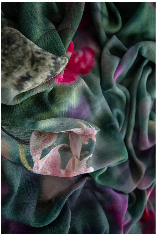 Colourful floral print wool scarf with green base and purple and pink 