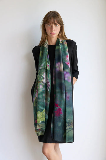 Colourful floral print wool scarf with green base and purple and pink 