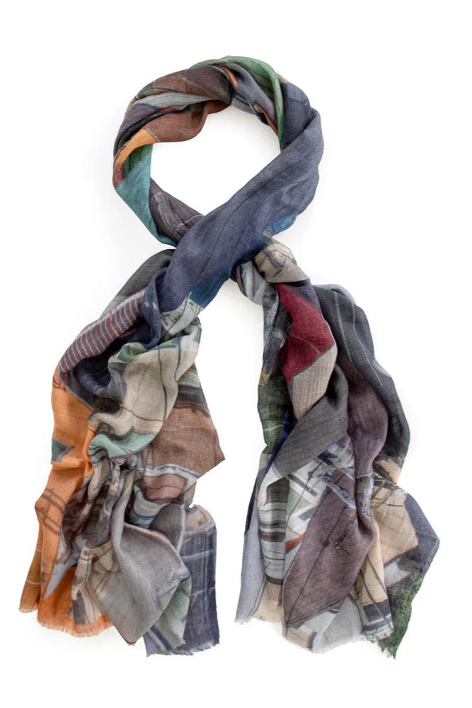 Multicoloured wool scarf Blue and mustard tones. Tied. 