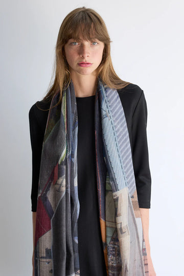 Multicoloured wool scarf Blue and mustard tones.  Model. 