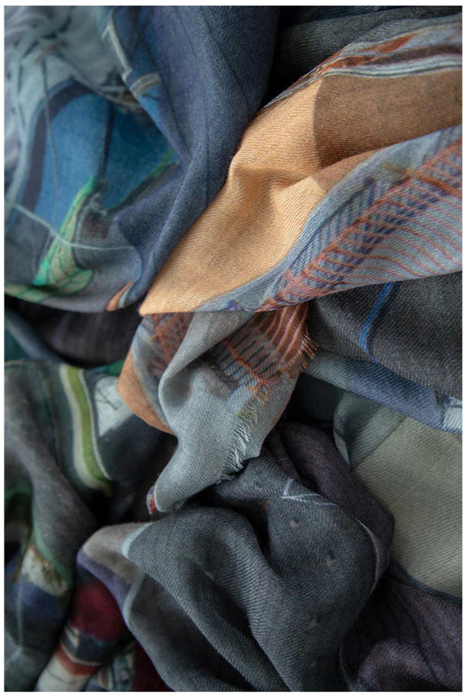 Multicoloured wool scarf Blue and mustard tones. 