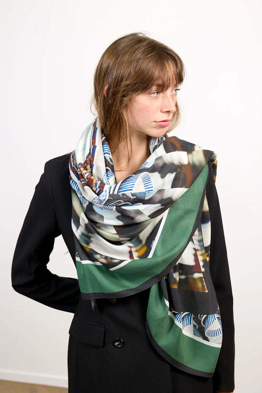 Cashmere blend square scarf large. Multi colour print in green and brown tones. 