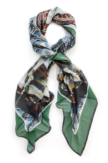 Cashmere blend square scarf large. Multi colour print in green and brown tones. 