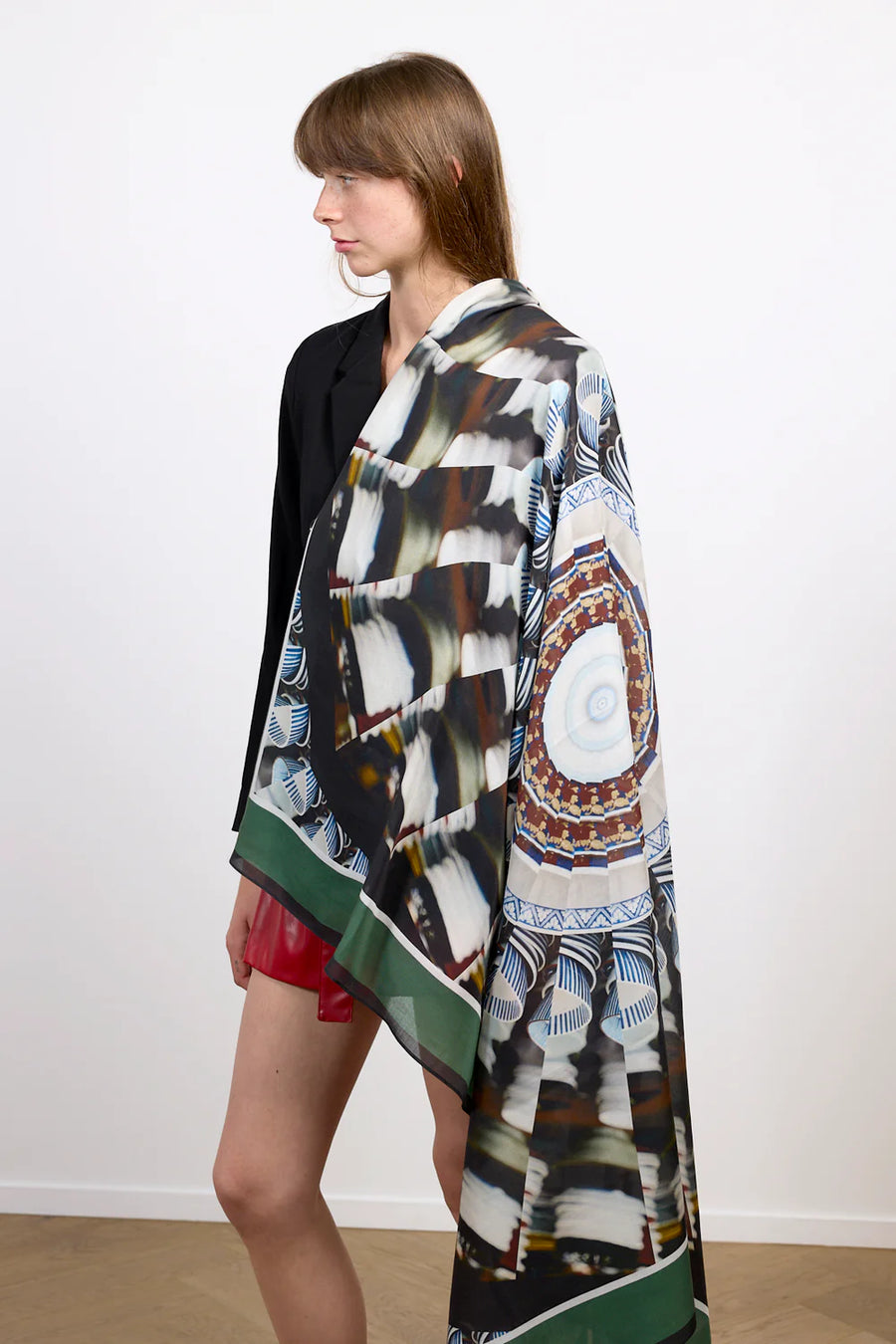 Cashmere blend square scarf large. Multi colour print in green and brown tones. 