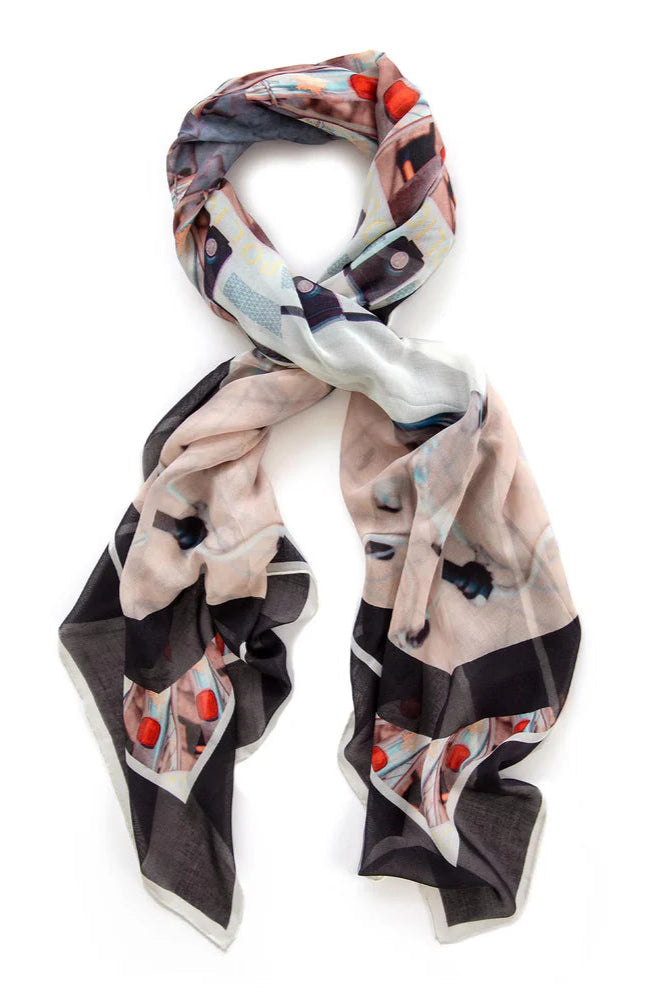 Multi coloured square cashmere blend scarf in navy and pink tones with all over print.  Tied. 