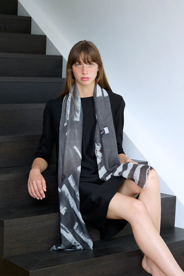Large wool scarf grey and white zebra pattern. 