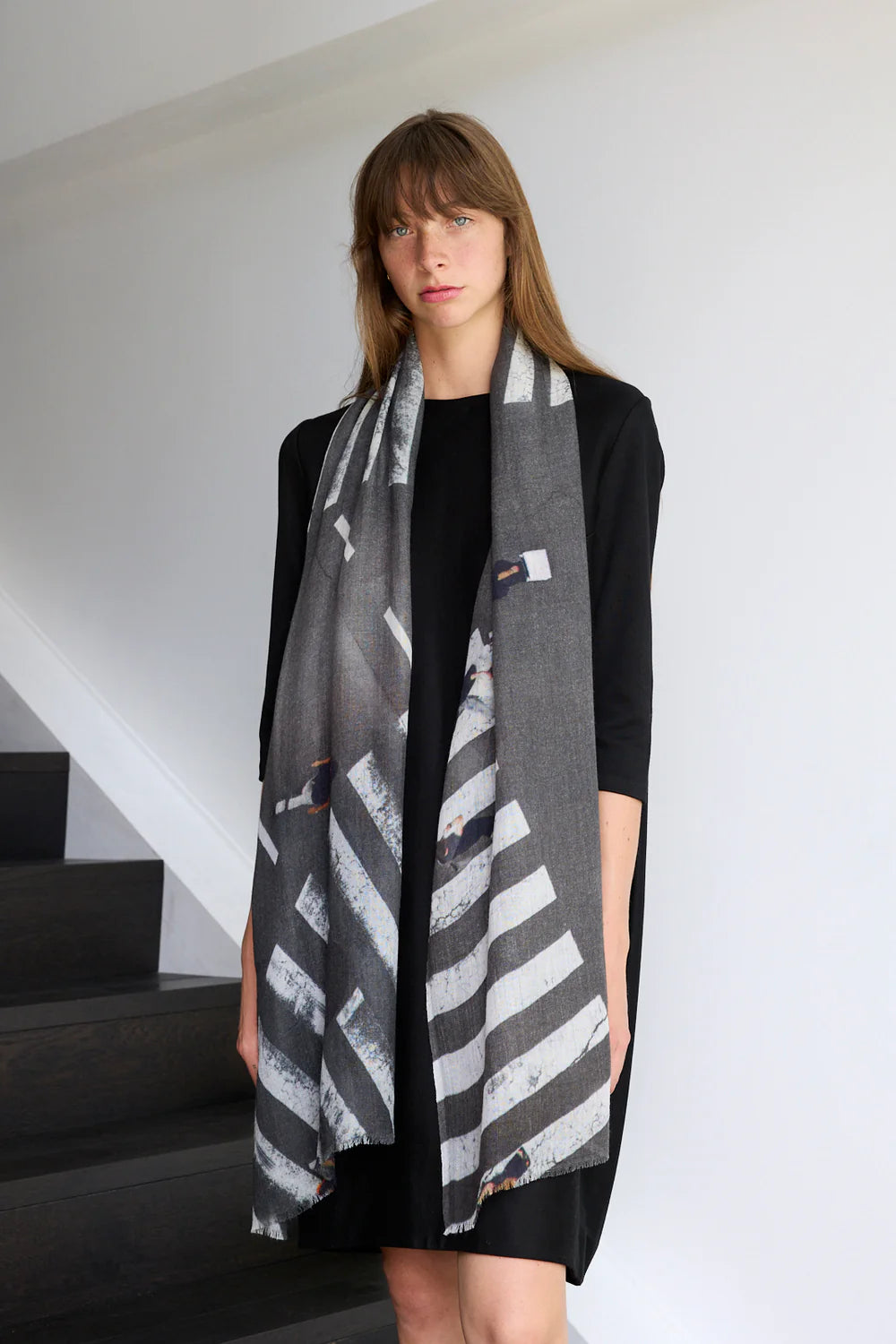 Large wool scarf grey and white zebra pattern.  Model long. 