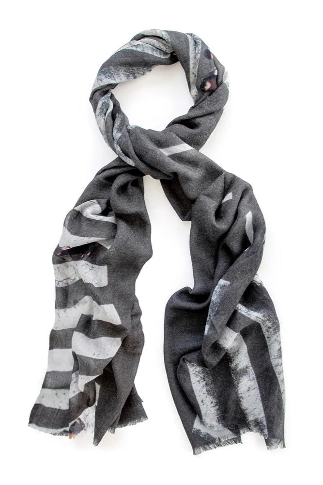 Large wool scarf grey and white zebra pattern. Tied. 