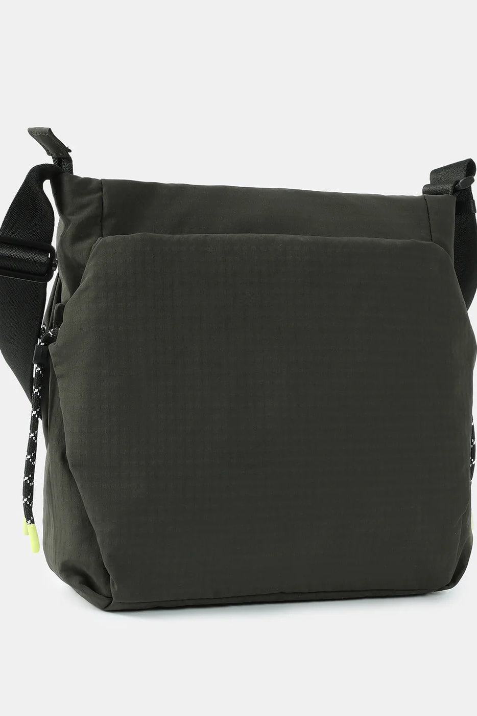 A dark olive green nylon messenger bag with a black adjustable shoulder strap, shown against a light gray background.