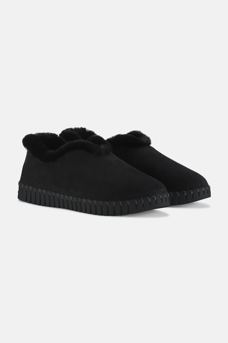 Black slippers with black sole and black faux fur lining. 