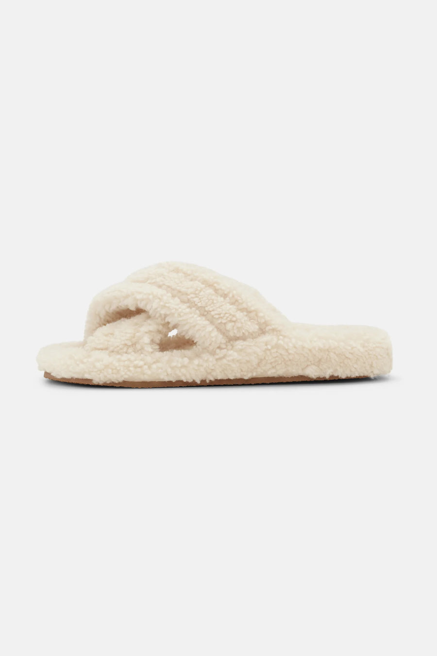 Open toe sheepskin slipper with cross over front in cream colourway. 