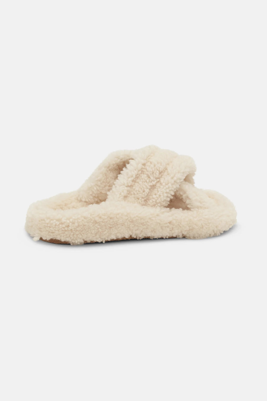 Open toe sheepskin slipper with cross over front in cream colourway. 
