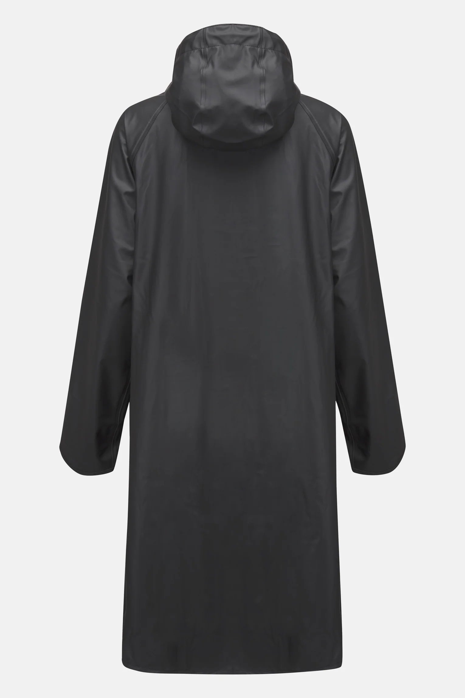 Knee length black rain coat with hood and hidden press buttons.