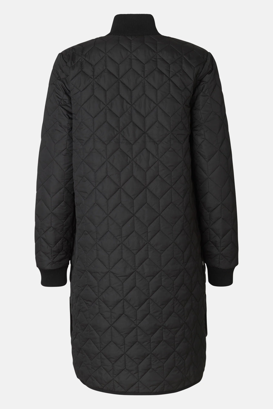 Black quilted jacket with front zip and mock neck. 