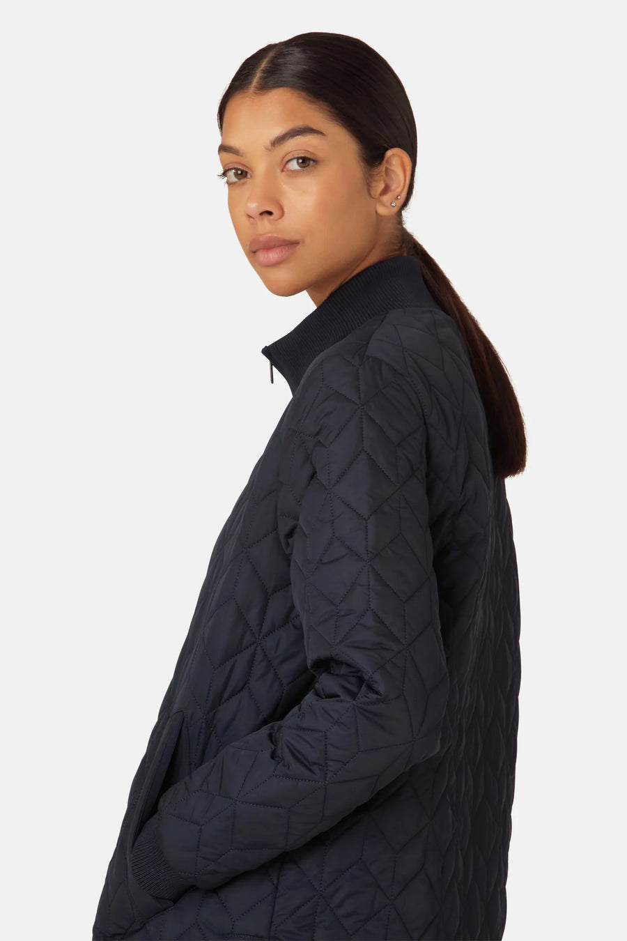 Dark indigo coloured padded quilt jacket with front zip. 