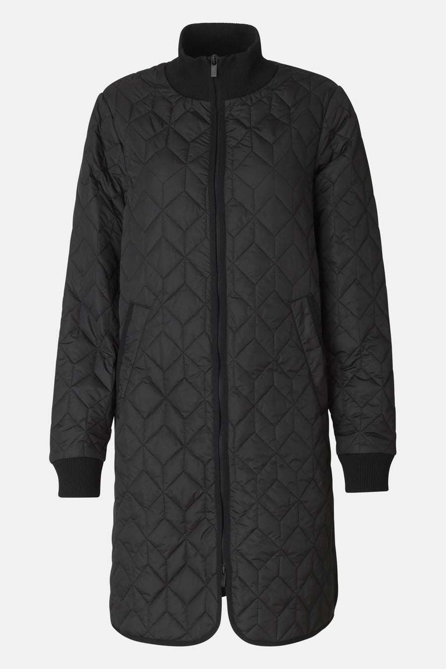 Black quilted jacket with front zip cuffs and mock neck. 