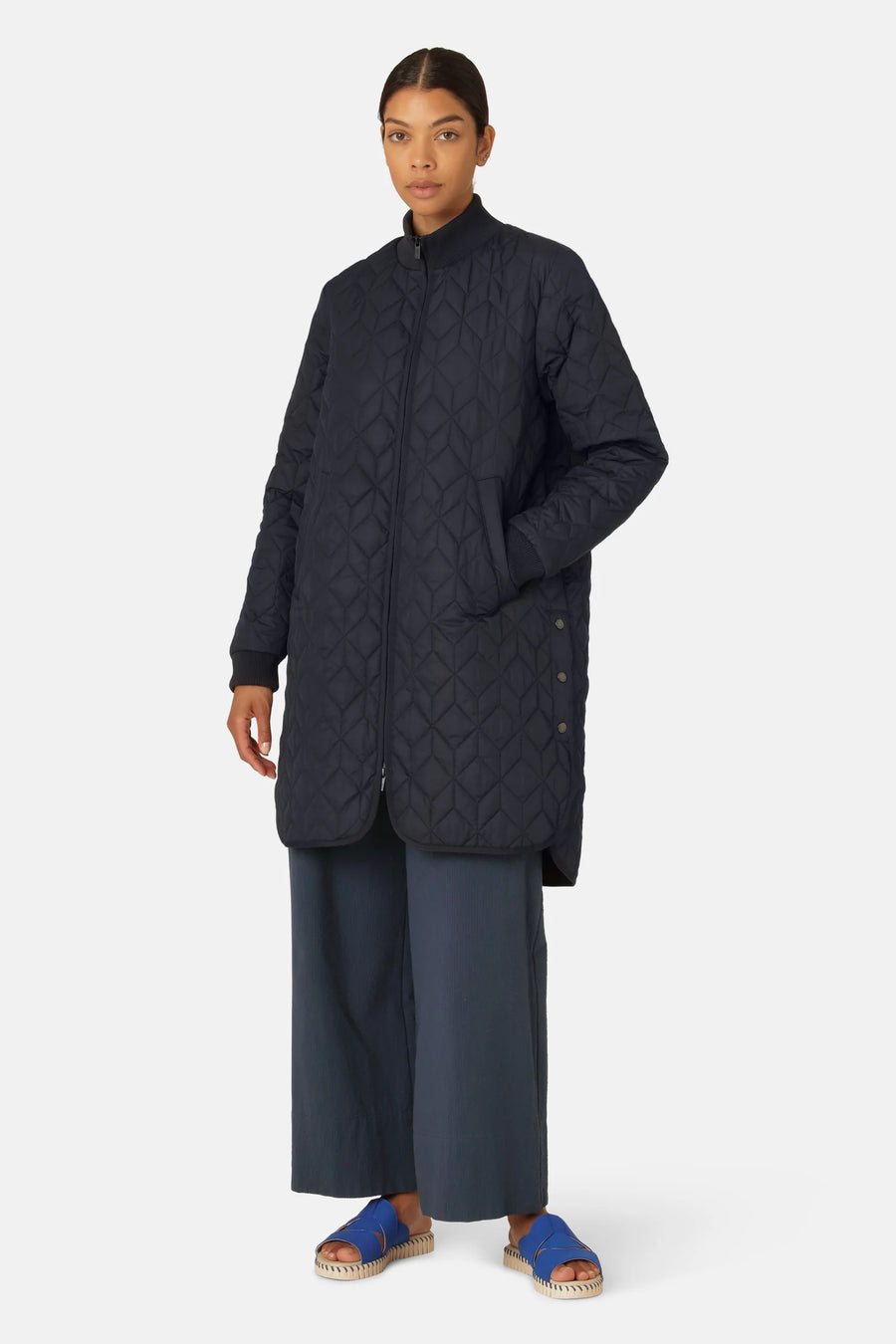 Quilted knee length coat in dark indigo colourway. 