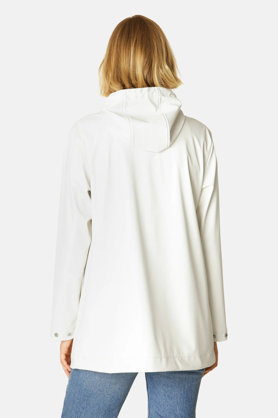 Cream rain jacket with hood and silver dome details 
