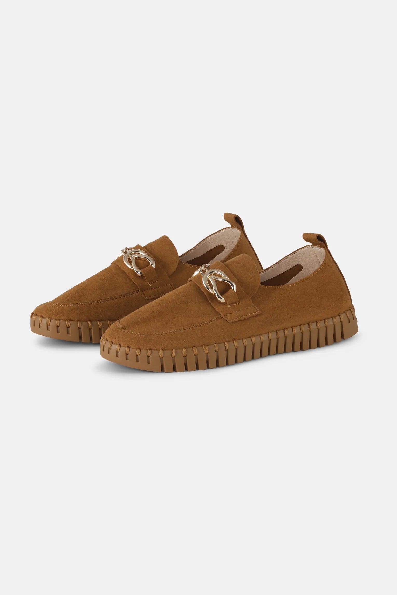 Suede loafer with gold look buckle in dark cashew colour with rubber sole. 