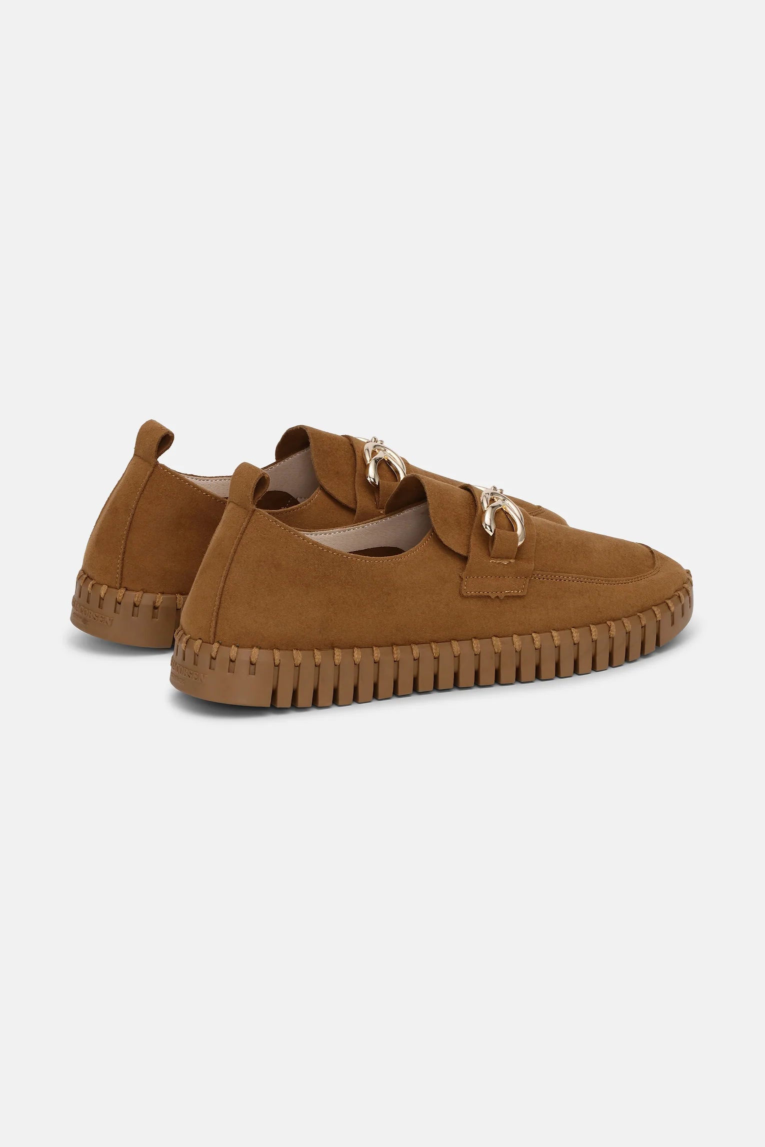 Suede loafer with gold look buckle in dark cashew colour with rubber sole. 