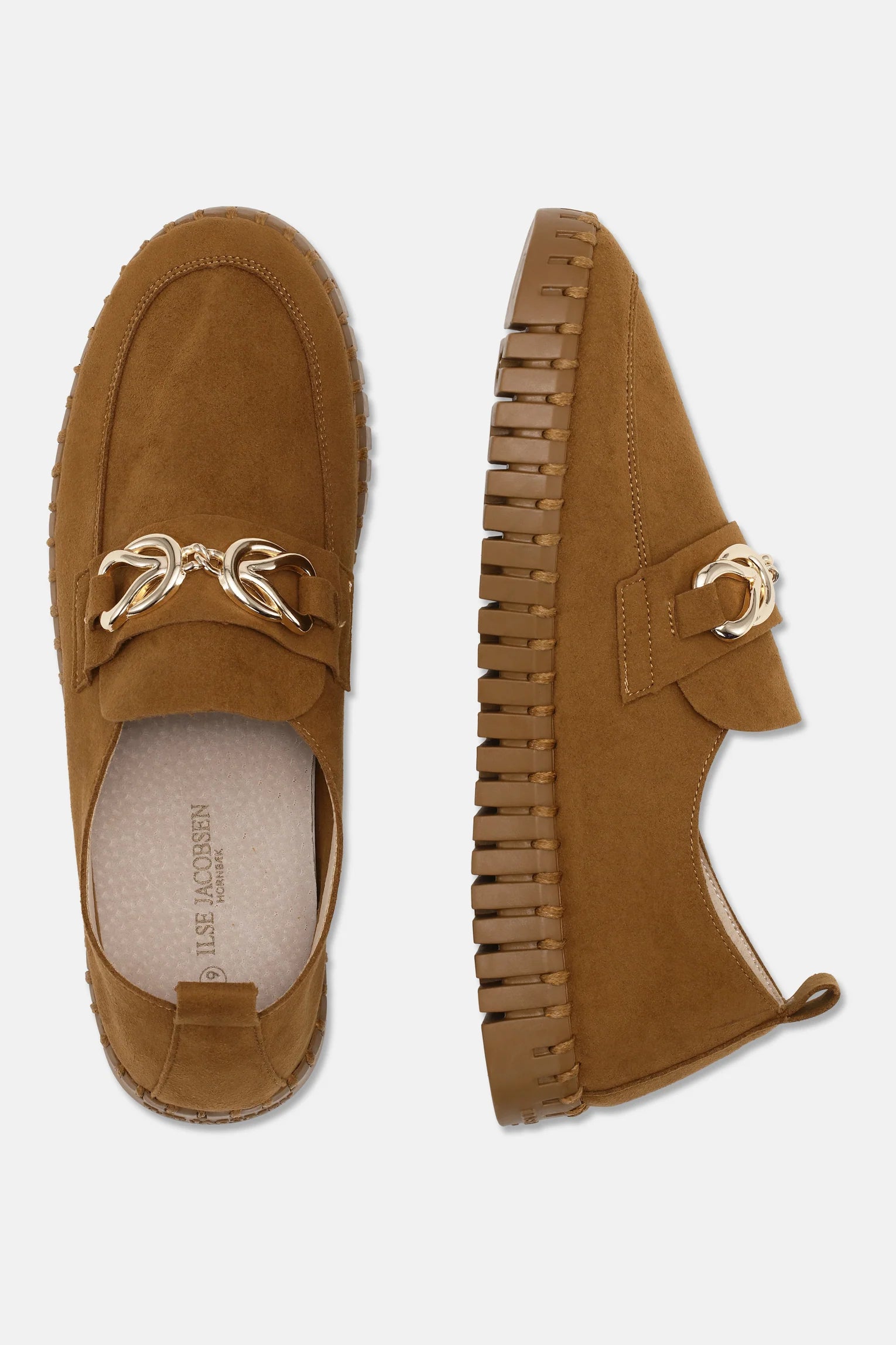 Suede loafer with gold look buckle in dark cashew colour with rubber sole. 