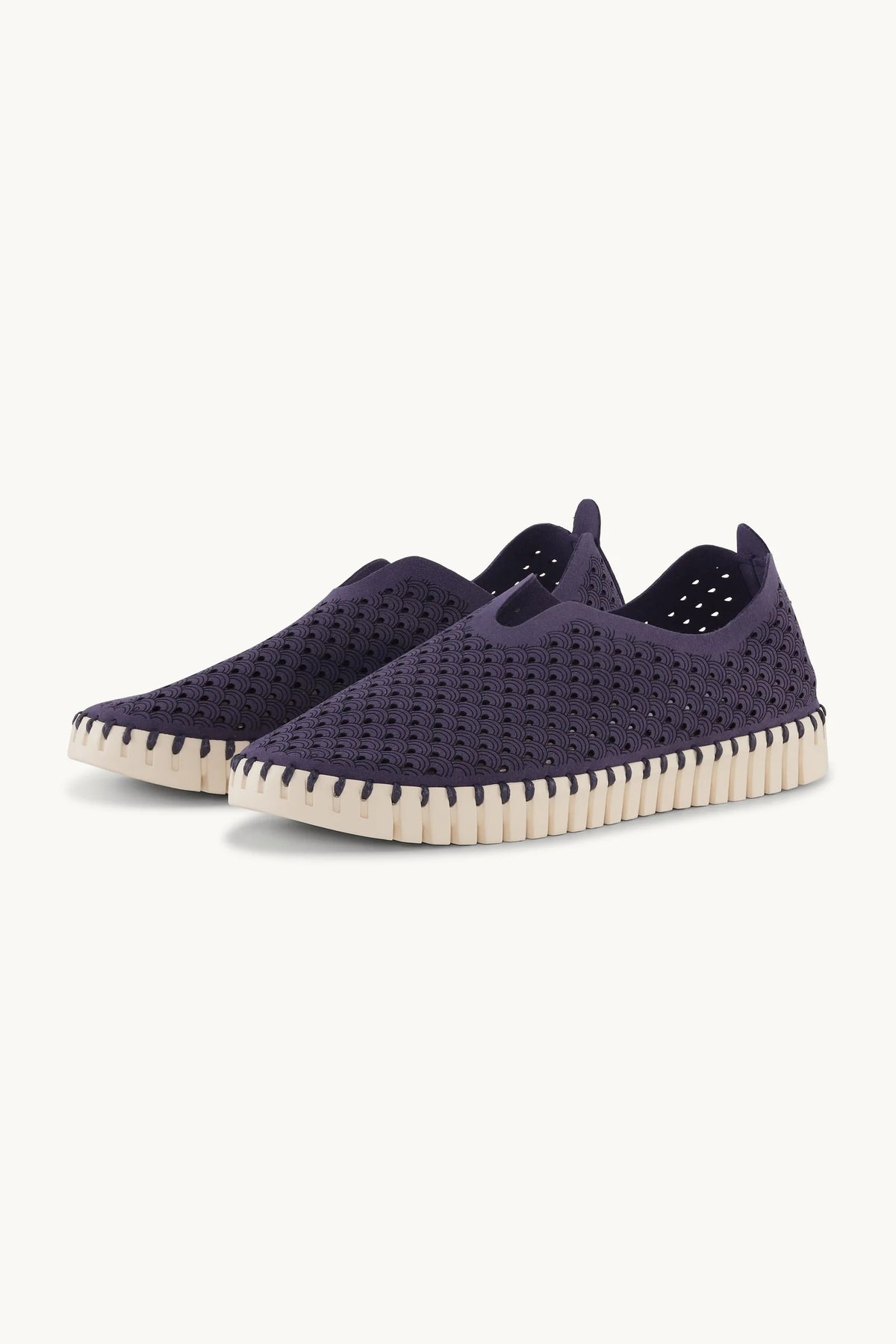 Pair of navy shoes with white rubber sole on a plain background 