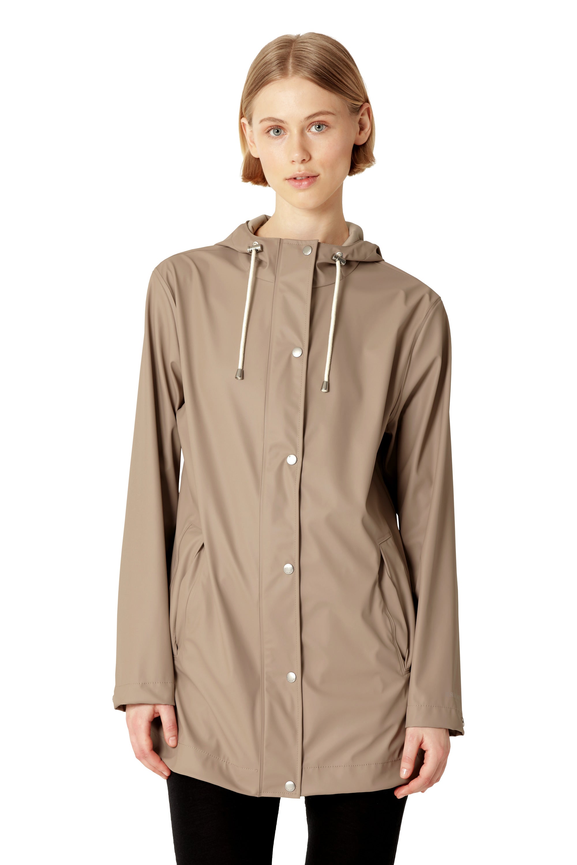 Woman wearing a beige raincoat on a white background