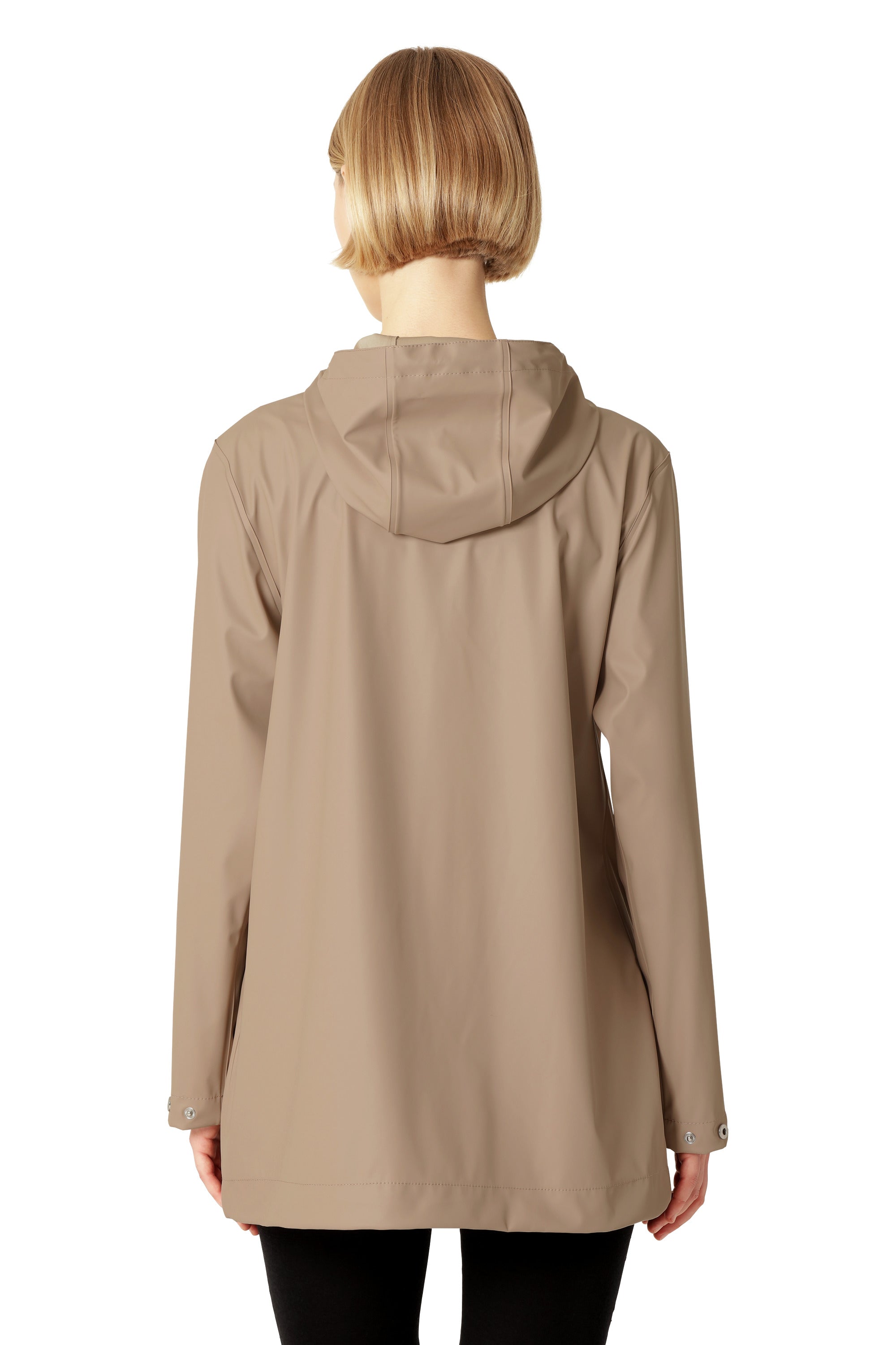 Beige raincoat worn by a person on a white background