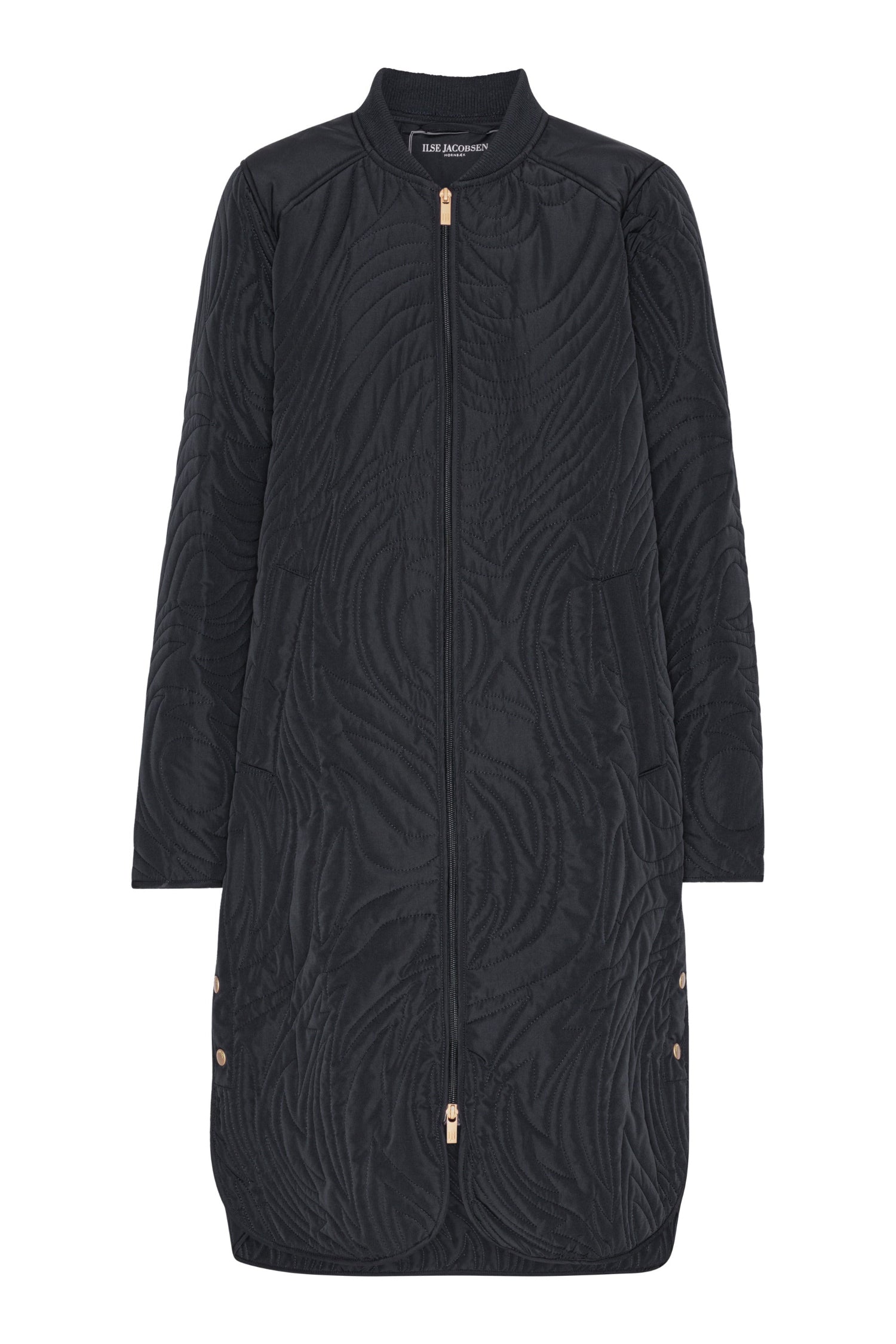 Dark navy quilted coat with zebra pattern on a white background
