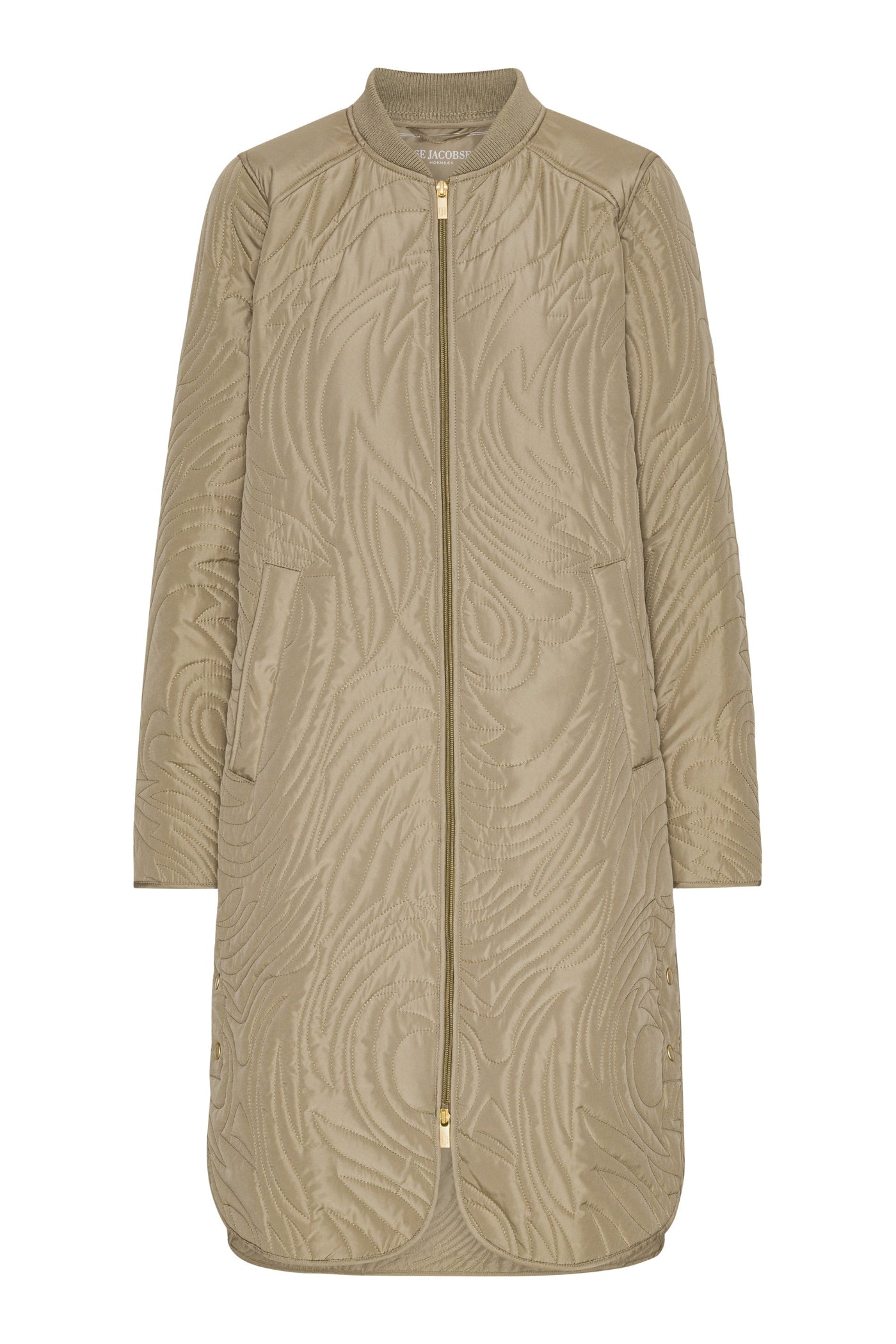 Long quilted coat with a subtle pattern on a white background