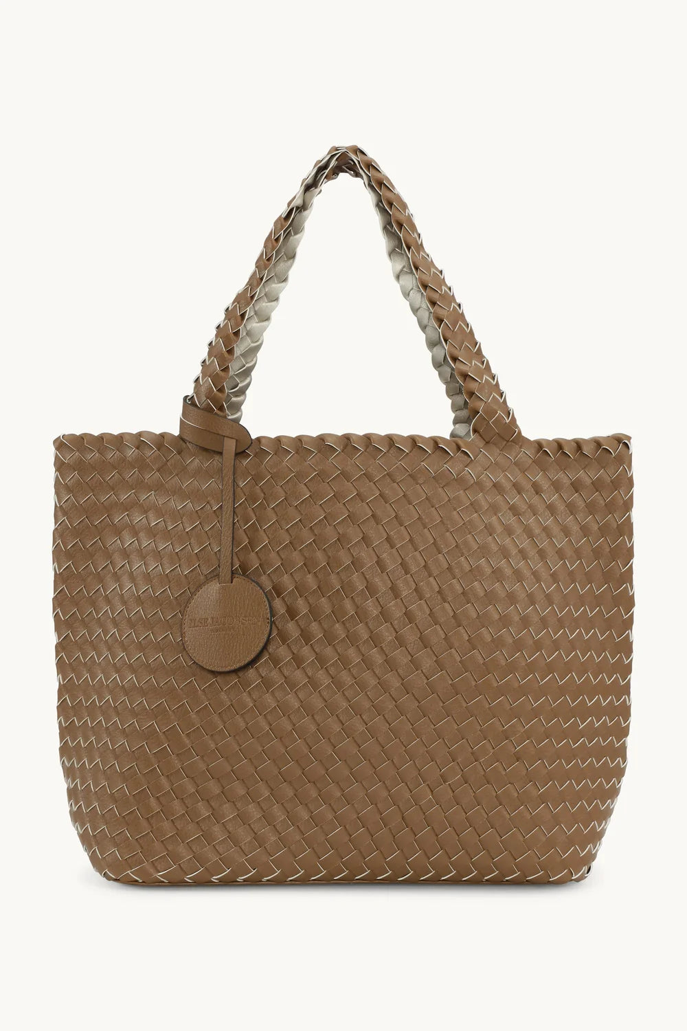 Brown woven handbag with a round brown button on a white background