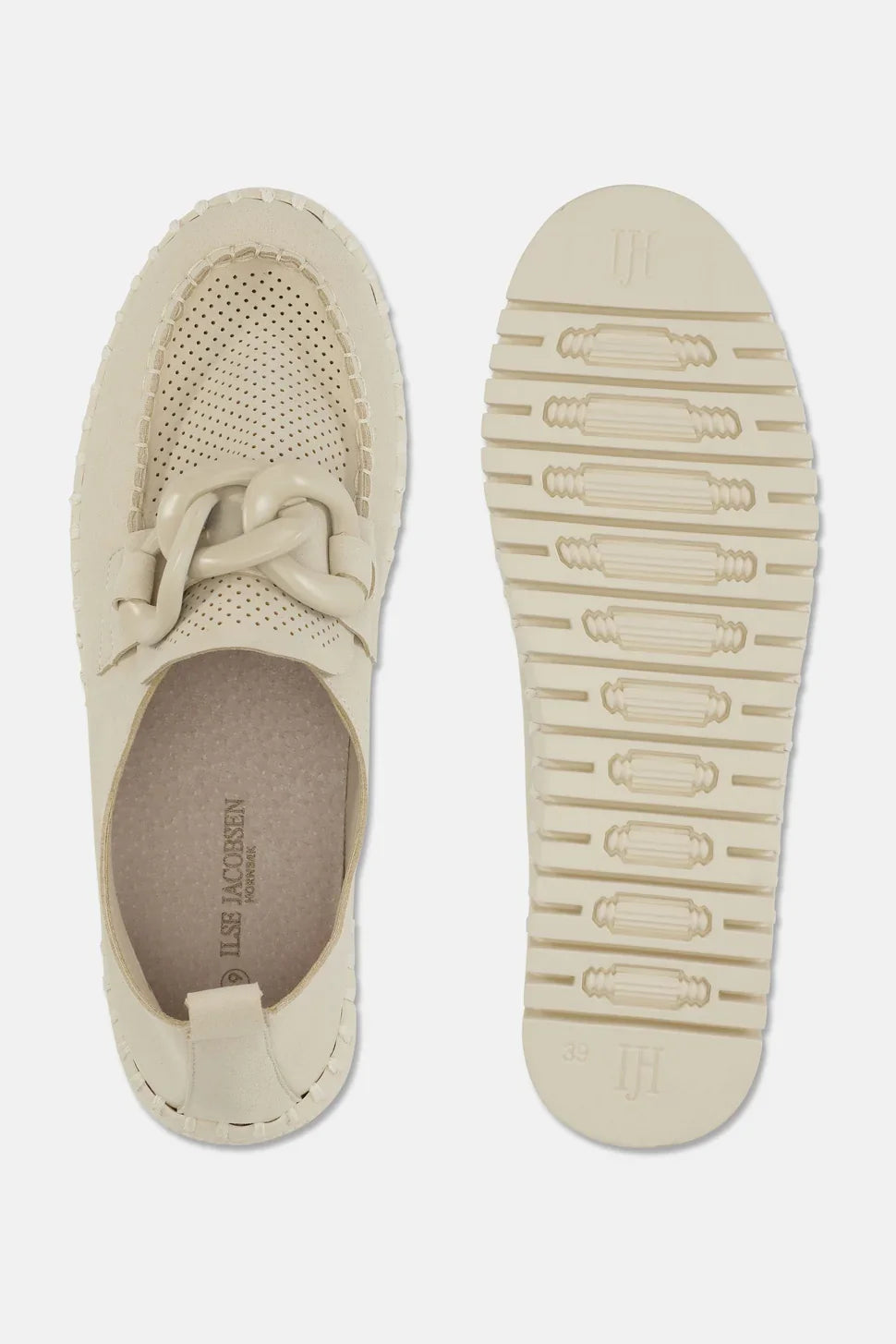 A pair of light beige slip-on loafers shown from the top and sole views on a light light background. The top view shows a perforated upper with a thick braided tie detail across the instep.