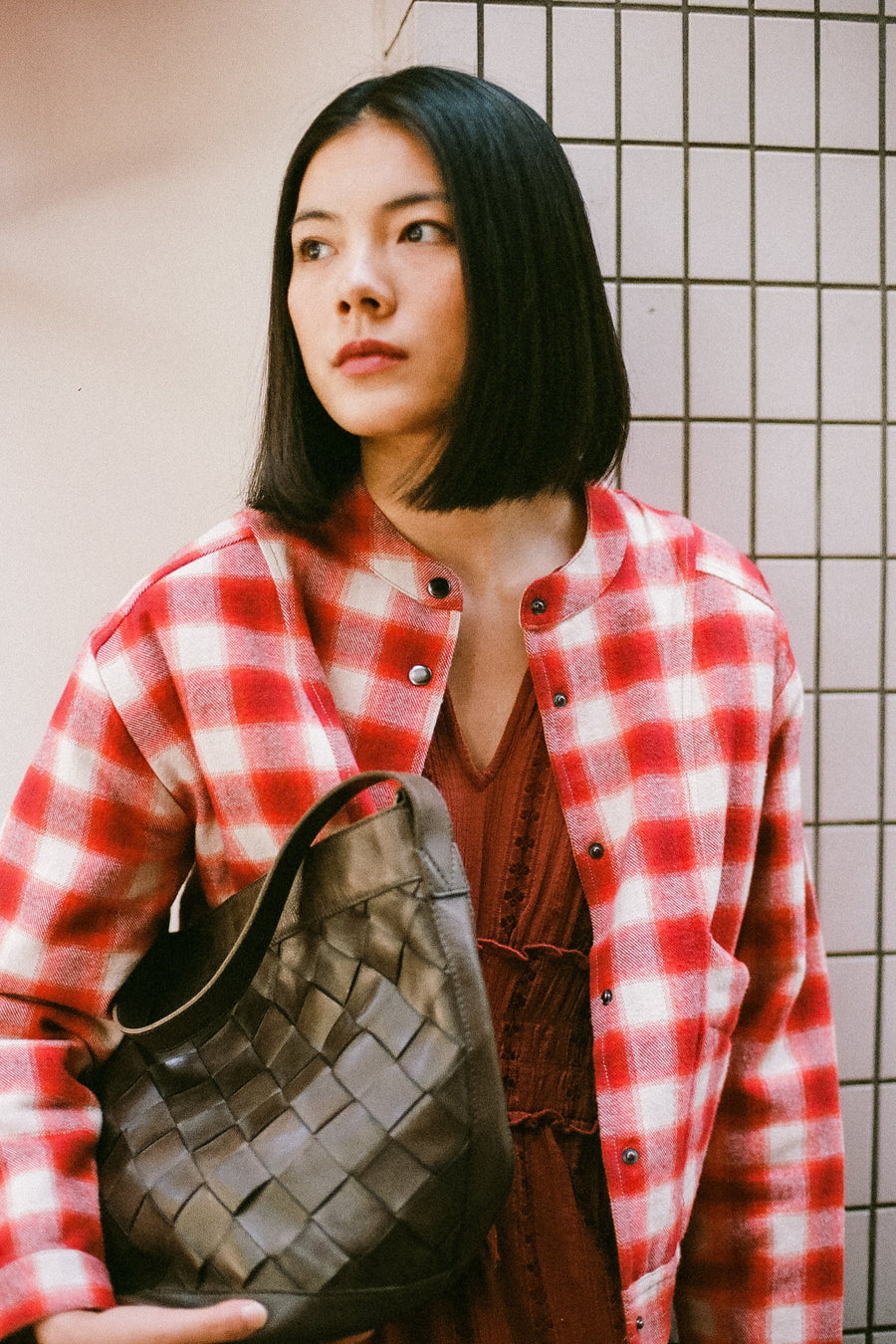 Red and White Checkered Quilted Jacket