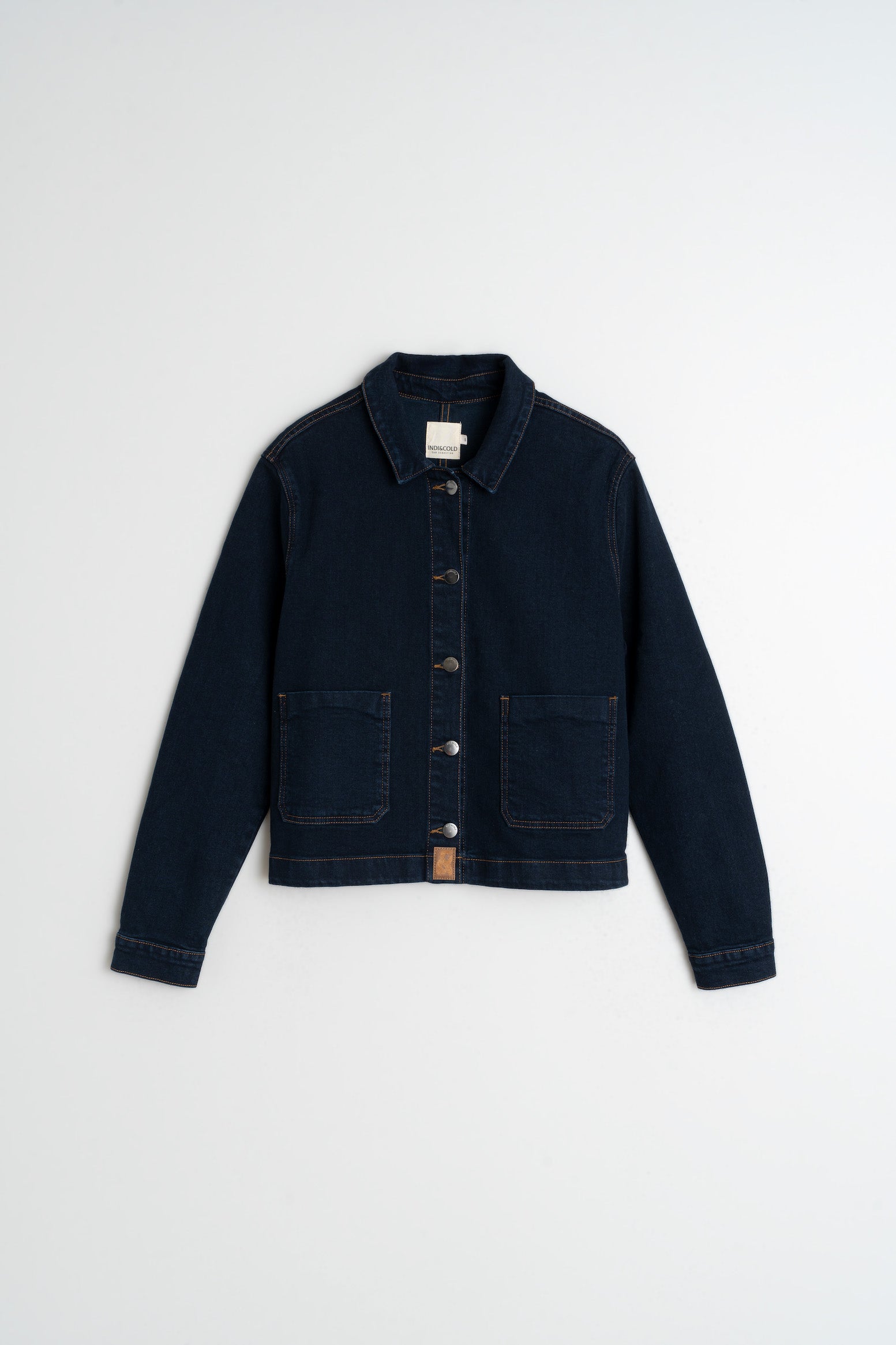 Navy blue denim jacket on a white background