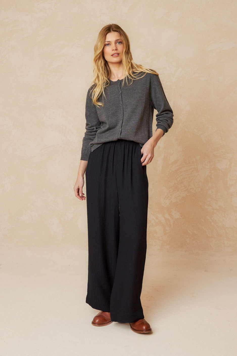Long Sleeve Merino Cardigan in Charcoal Grey with button front and box neckline. 