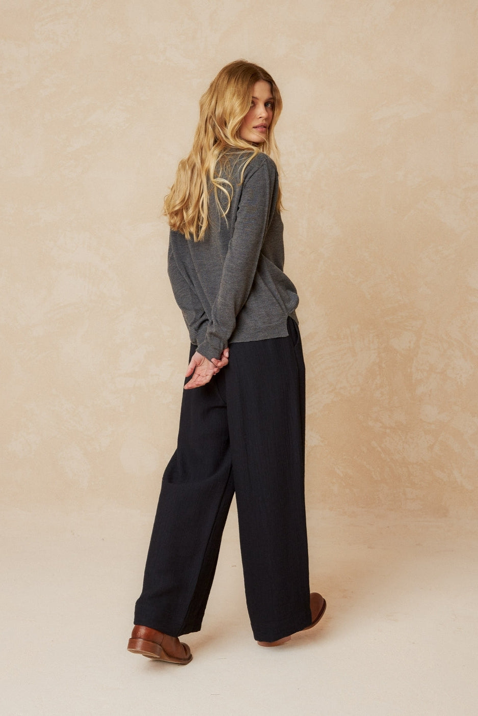Long Sleeve Merino Cardigan in Charcoal Grey with button front and box neckline. 