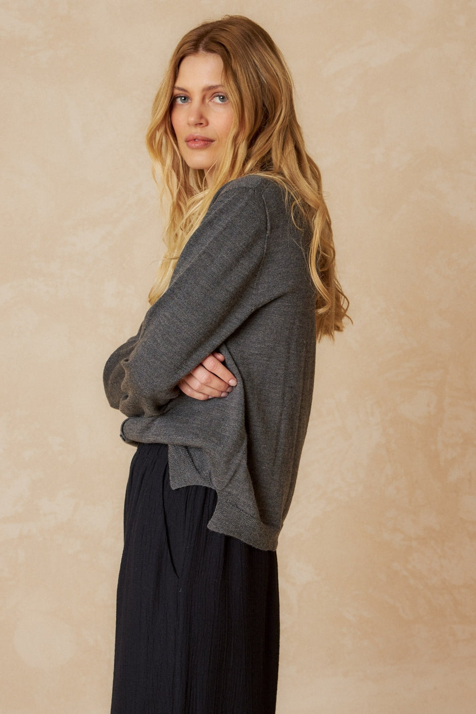 Long Sleeve Merino Cardigan in Charcoal Grey with button front and box neckline. 