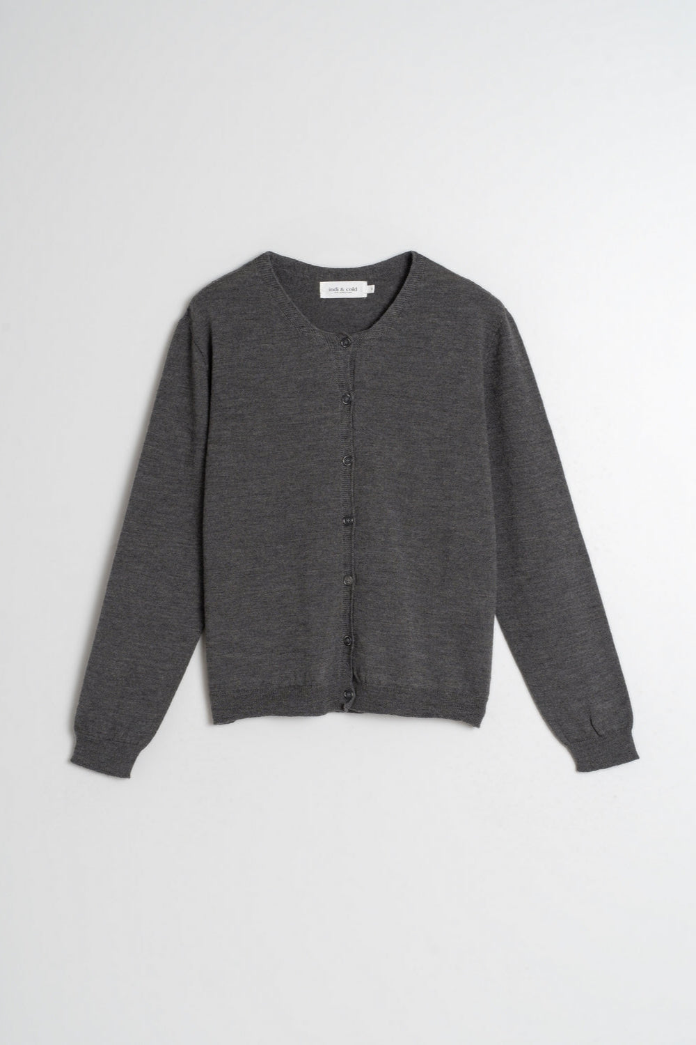Long Sleeve Merino Cardigan in Charcoal Grey with button front and box neckline. 
