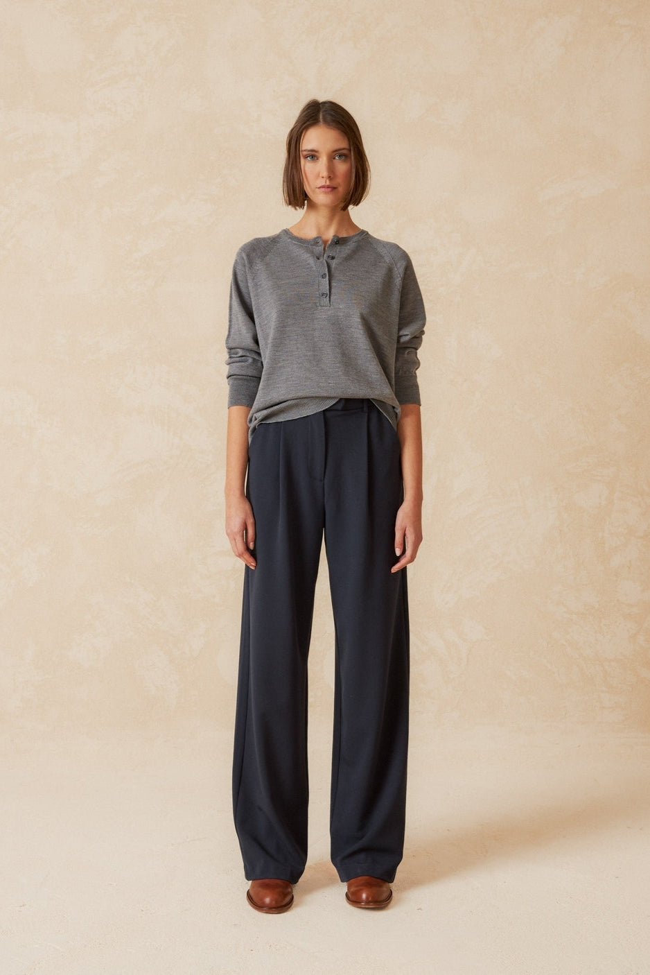 Charcoal Grey Raglan Neck Long Sleeve Merino Sweater.