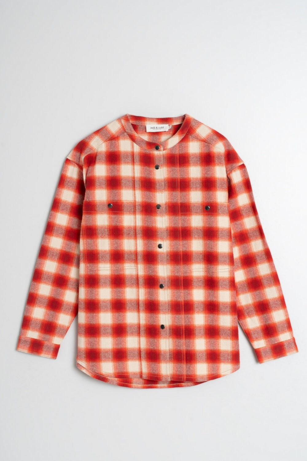 Red and white checkered over shirt with strip collar and square cut. 