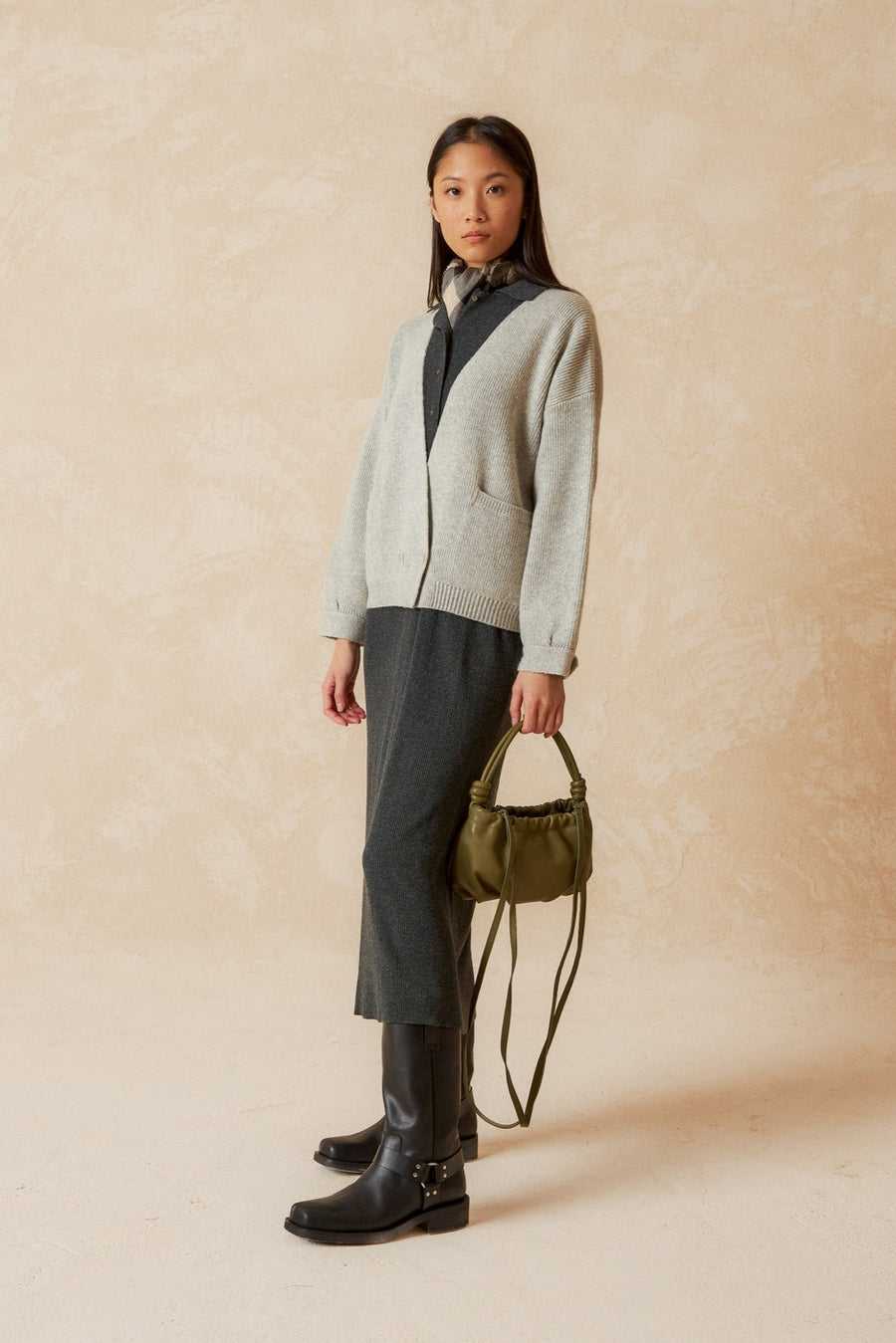 Cross Over Knit Cardigan with dropped shoulder and cuffs in Grey look colour. 