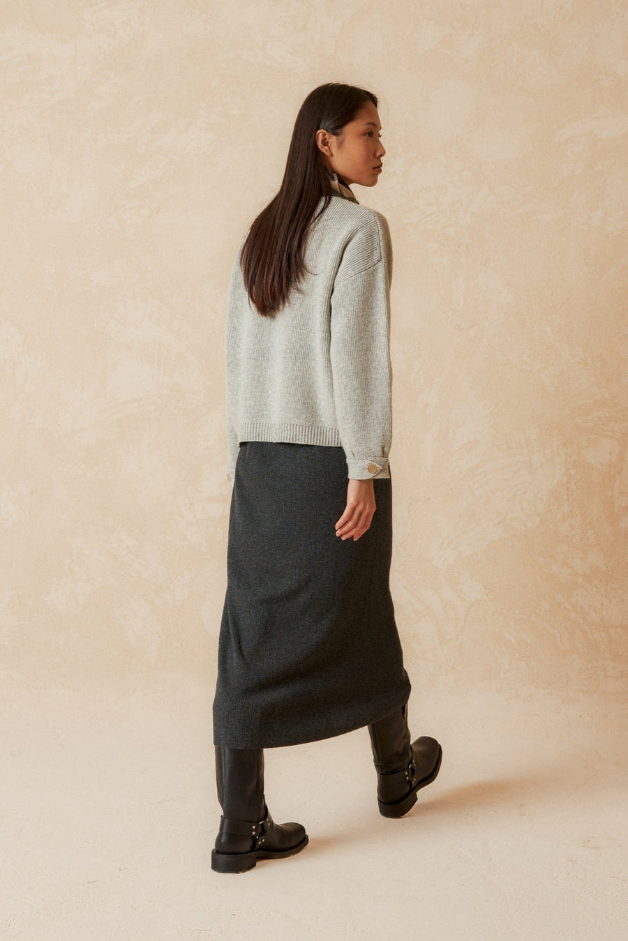 Cross Over Knit Cardigan with dropped shoulder and cuffs in Grey look colour. 