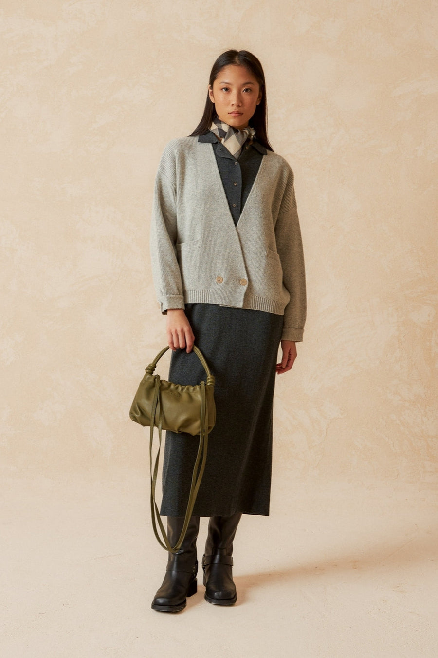 Cross Over Knit Cardigan with dropped shoulder and cuffs in Grey look colour. 
