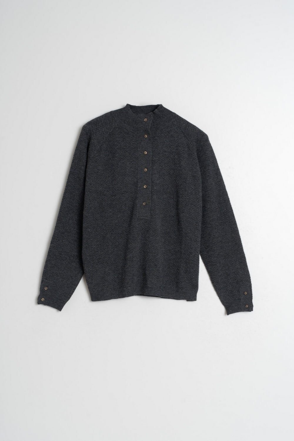 Grey knit long sleeve jumper with Perkins collar and raglan sleeve. 