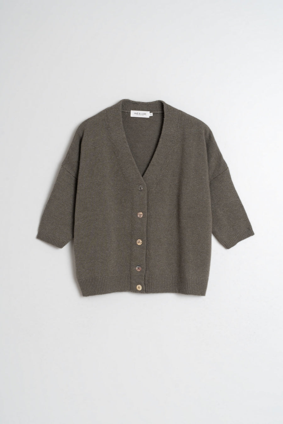 Khaki short sleeve wool cardigan with front buttons, dropped shoulder and ribbed hem and cuffs. 