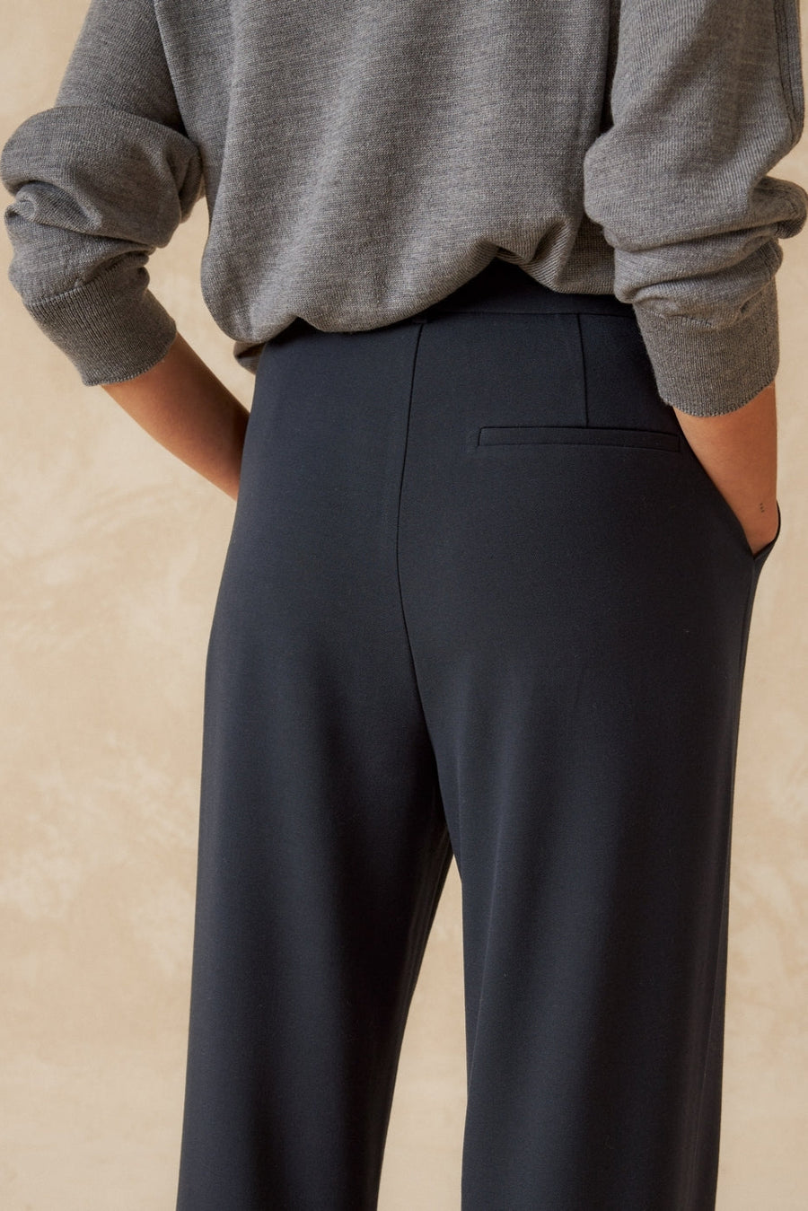 Navy wide leg pleated front pant. 