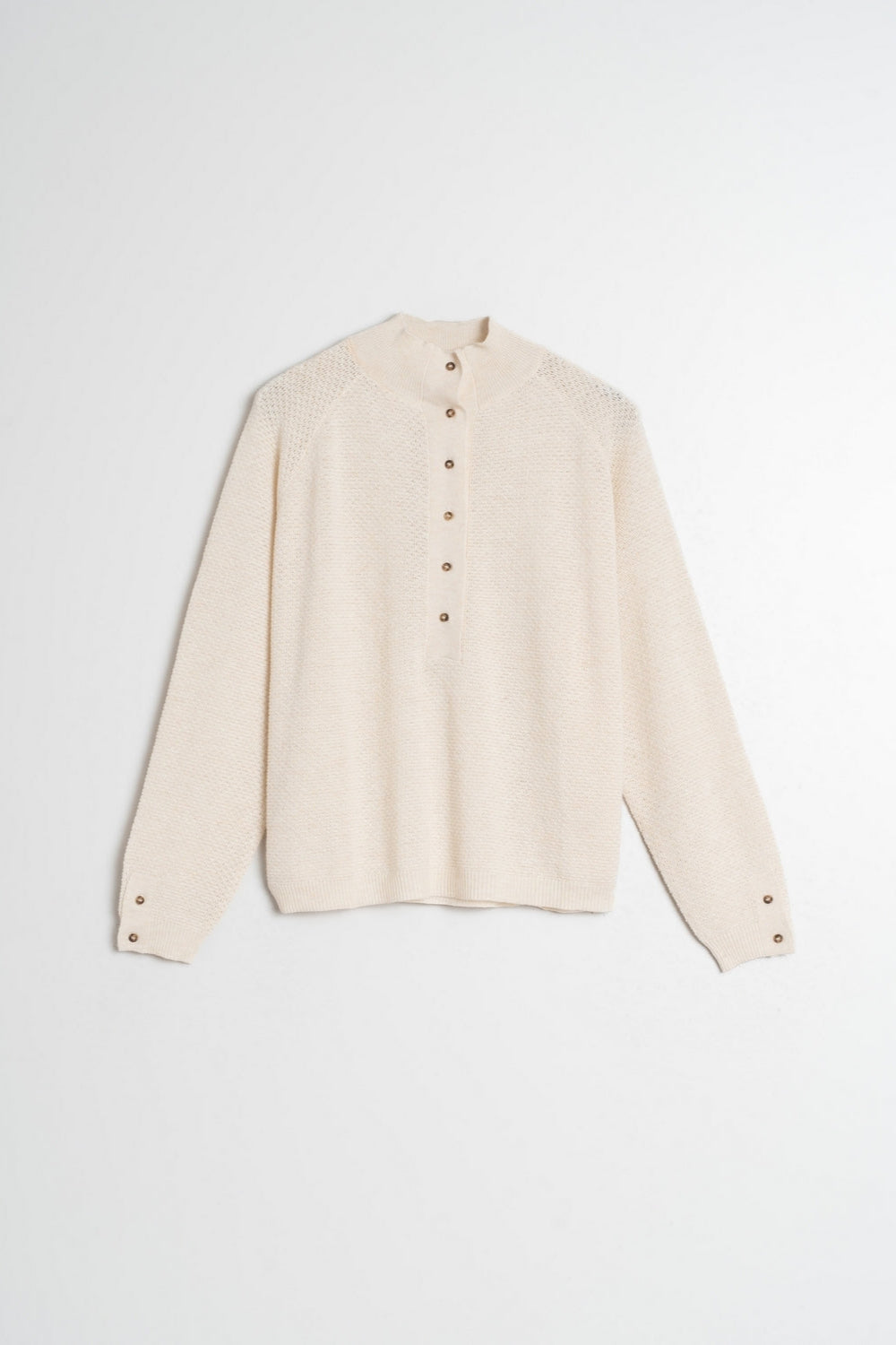 Cream knit long sleeve jumper with Perkins collar and raglan sleeve. 