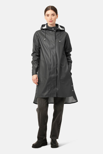 Knee length black rain coat with hood and hidden press buttons.