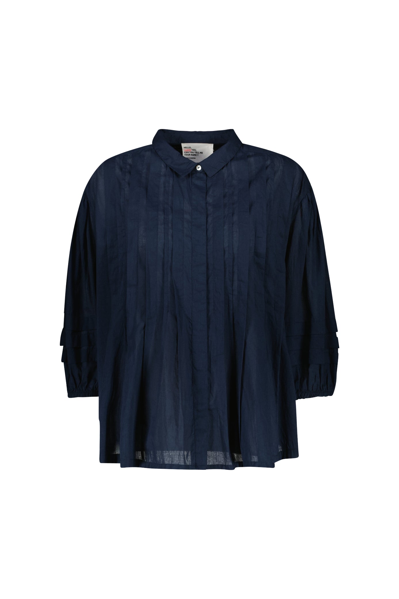 Navy blue  frill short sleeve shirt on a white background